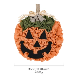 Handmade 30cm burlap pumpkin wreath with raffia details for Halloween party decoration