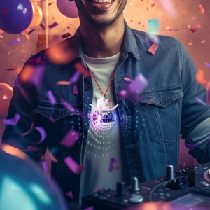 Disco ball necklace with pink patterned cowboy hat shown in a vibrant party scene
