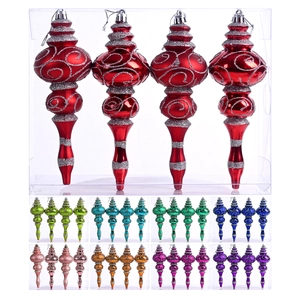 Tall spindle Christmas ornaments in red with silver glitter spirals, 4 piece set