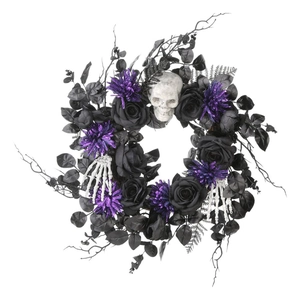 Halloween wreath with black roses, purple flowers, and a skull on a white background
