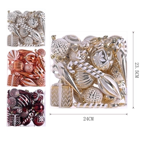 Christmas tree ornaments set in assorted gold and red finishes in a transparent box