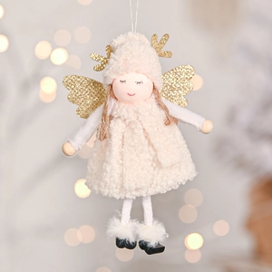 Bambola Angelo di Natale Fatta a Mano Ornamento Sospeso Ragazza Fata di Peluche Con Ali di Paillettes Corna per Decorazione Albero di Natale Casa Festa Regalo