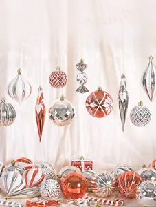 Detail of Christmas ornament set with textured silver and bronze baubles on silk
