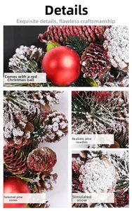 Close-up of red Christmas balls, pine cones with snow, and green pine needles on a festive wreath