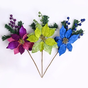 Artificial Christmas Poinsettia Flower Branch With Glitter Pine Needles Berries For Xmas Tree Garland Wreath Decoration Holiday Party