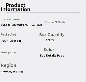 Specifications for 12pcs electroplated plastic Christmas balls set with PVC packaging