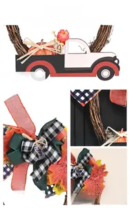 Close-up of autumn harvest wreath with rustic vintage truck, plaid bow and maple leaves