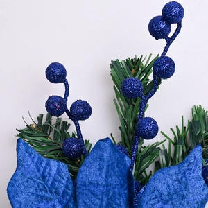 Deep blue glitter artificial Christmas flower stem with berries and pine needles