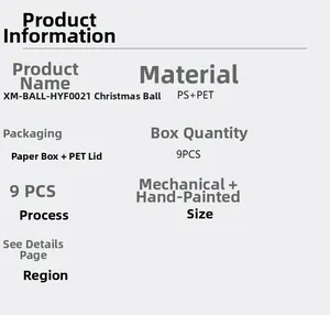 Detaillierte Tabelle mit PS und PET Materialangaben und 9-teiligen Weihnachtsball-Verpackungen