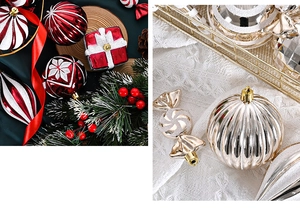 Detail of red and white Christmas ornaments with glitter patterns and stripes