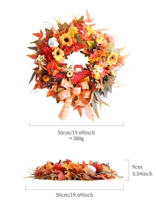Detail of 50cm autumn wreath with sunflower, pumpkin, maple leaf and red truck ornament
