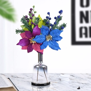 20cm glitter artificial poinsettia decor with blue flowers and silver vase