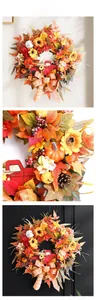 Detail view of autumn wreath with maple leaves, pumpkins, and a decorative red truck