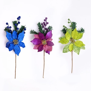 Artificial glitter Christmas flowers with blue, purple and green petals for tree decor