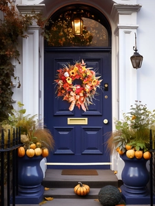 Close-up of autumn wreath with orange pumpkins, maple leaves, and a red truck on dark door