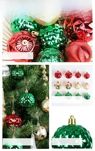 Close-up of textured red gold green Christmas ornaments with glitter and hanging loops