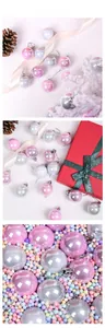 Detail of pearl finish pink and silver Christmas balls on festive gift box background