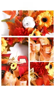 Detail of harvest wreath featuring sunflowers, maple leaves, and a red wooden truck decor