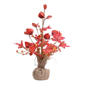Mini bonsai di acero artificiale con bacche rosse e base in juta per decorazioni autunnali