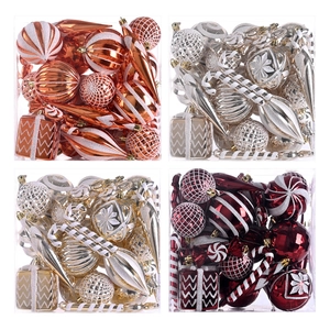 Christmas ball ornament sets in gold, red, and silver finishes for tree decorations