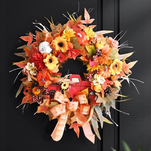 Autumn Thanksgiving Wreath For Front Door With Pumpkin Sunflower Maple Leaf Red Truck Plaid Bow Harvest Halloween Wreath Decor