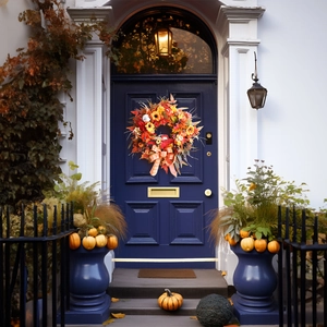 Autumn wreath with sunflowers and white pumpkins on a dark blue door for harvest decor