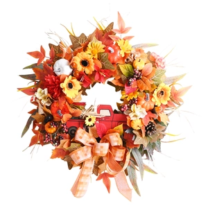 Autumn wreath with sunflowers pumpkins and vintage red truck for Thanksgiving door decor