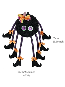 Detailed dimension guide for 65cm Halloween spider wreath with purple eyes and bow decoration