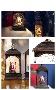 Detailed close-up of handmade bronze resin lantern with Santa Claus and warm LED light