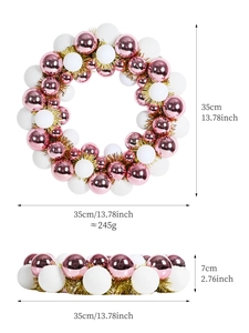 Detailed size view of a 35cm pink and white Christmas ball wreath with measurements