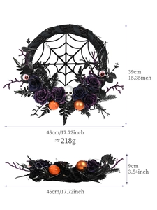 Detailed view of Halloween wreath dimensions showing purple roses and skull decor