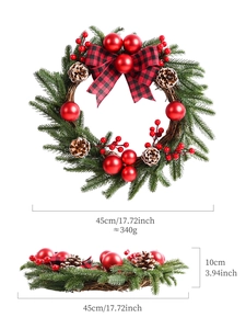 Detail of 45cm Christmas wreath with red berries, pine cones and buffalo plaid bow