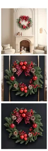 Macro view of Christmas wreath featuring red berries, pine cones and buffalo plaid bow