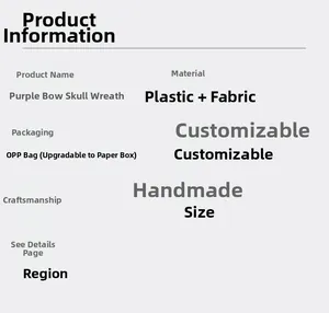 Detailed specifications for handmade Halloween wreath with purple bow and skull design