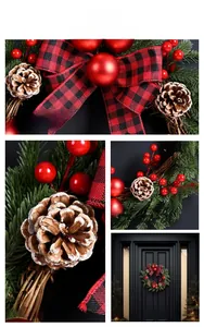 Detail of Christmas wreath with buffalo plaid bow, red berries and pine cones on door