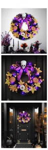 Detail of Halloween wreath with LED lights, skull, orange pumpkin and purple bow
