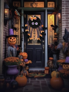 Halloween black spider door hanger with orange bows on a festive porch with pumpkins
