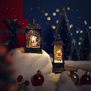 Christmas lanterns with Santa Claus inside featuring warm LED light and snowflake glitter