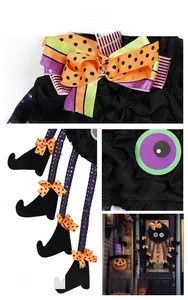 Detail view of Halloween witch wreath with colorful bow, mesh fabric and hanging legs