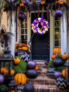 Close-up of Halloween door wreath with skull, purple bow, and LED lights on a black door