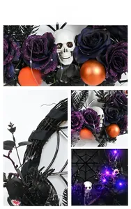 Detail of Halloween wreath with purple roses, white skulls, and LED lights on black rattan