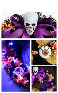 Macro detail of Halloween wreath with skull, purple LED lights, eyeball and silk bow