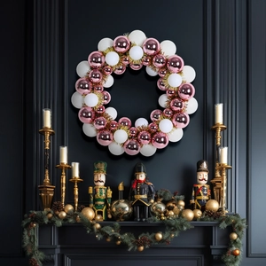 35cm pink and white Christmas ball wreath with golden ornaments for party wall decor