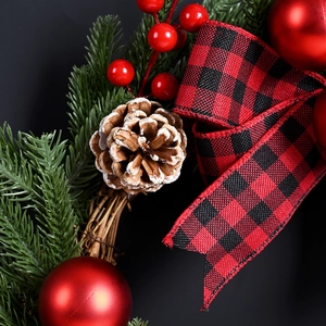 45cm Christmas wreath with pine needles, red berries, cones, and buffalo plaid bow