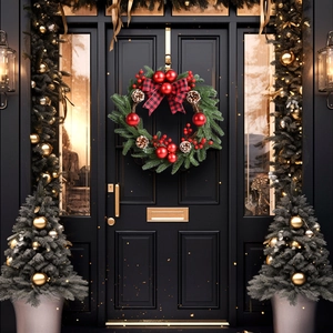 45cm Christmas wreath with red berries, pine cones, and buffalo plaid bow on black door