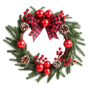 45cm Christmas wreath with red berries, pine needles and a buffalo plaid bow for decor