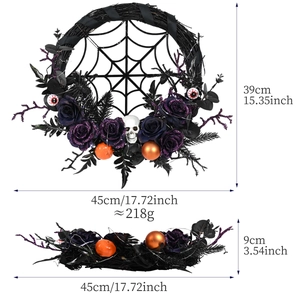 Halloween wreath with black vine, purple roses, skull and spider web decor, 45cm wide