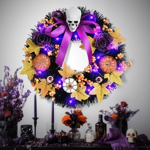 Halloween Wreath With Purple LED Lights Skull Pumpkin Maple Leaves Eyeball Decorations Gothic Horror Front Door Hanging Garland Party Home Decor