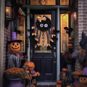 Whimsical Halloween hanging wreath featuring a spider body with purple eyes and witch legs