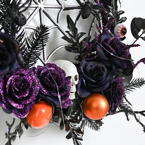 Halloween wreath with purple roses, skull, spider web and LED lights for party decor